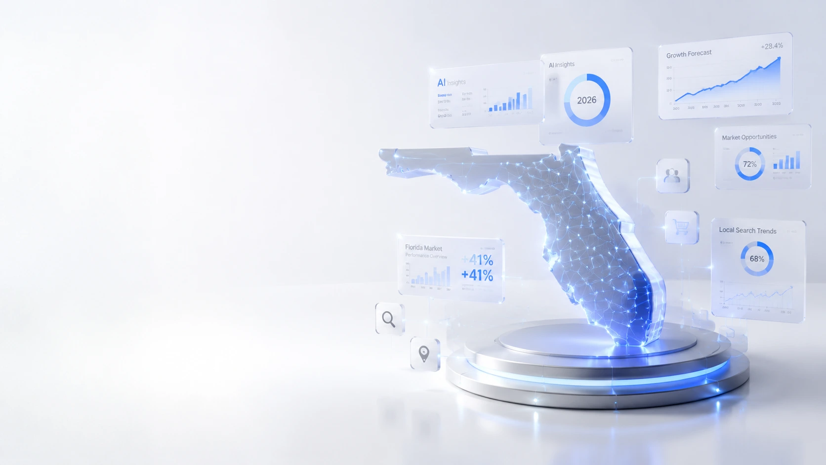 Digital marketing trends for Florida businesses featuring AI marketing, local SEO, content strategy, search optimization, and business growth