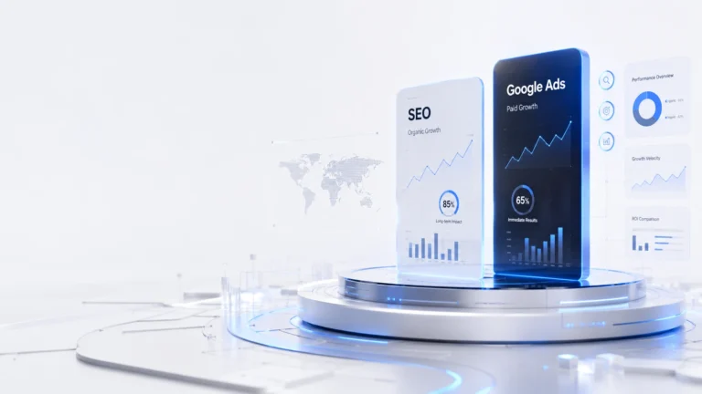 Comparison of SEO and Google Ads strategies showing organic search growth alongside paid search advertising for business lead generation