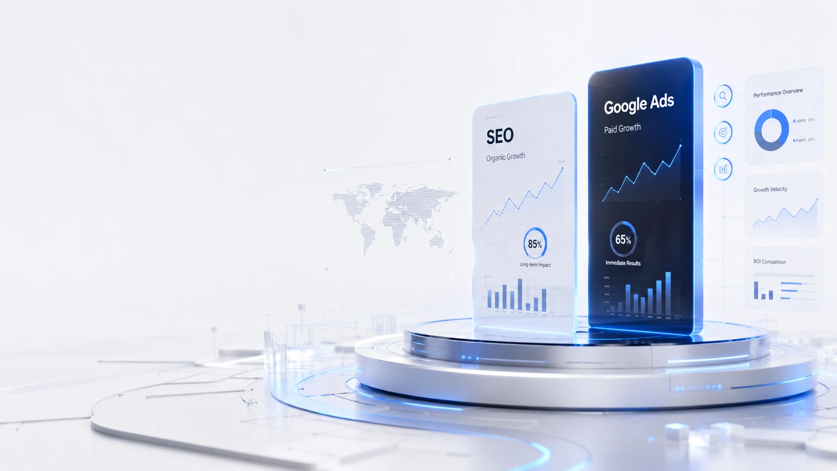 Comparison of SEO and Google Ads strategies showing organic search growth alongside paid search advertising for business lead generation