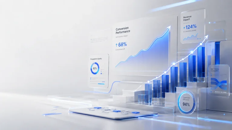 Conversion rate optimization concept showing website analytics, A/B testing, landing page optimization, customer behaviour, and sustainable business growth.