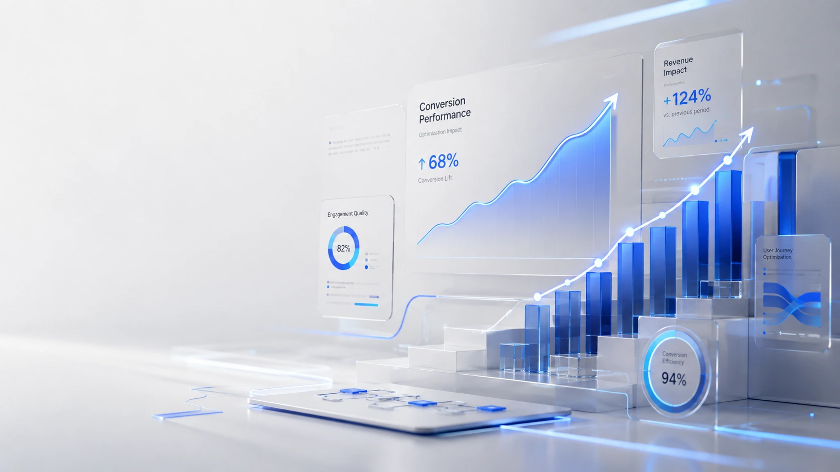 Conversion rate optimization concept showing website analytics, A/B testing, landing page optimization, customer behaviour, and sustainable business growth.