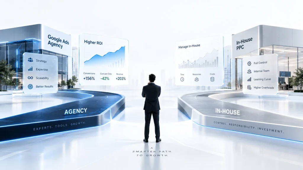 Business professional considering agency and in-house PPC management approaches in a modern digital workspace.