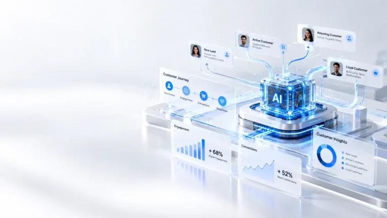 Marketing professional reviewing an automated customer journey in a modern office